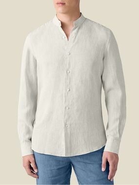 Men's Linen  Band Collar Casual Button-Down Shirt